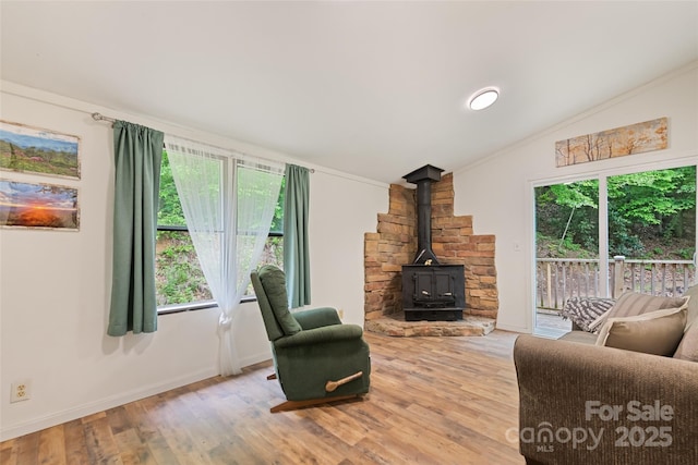 100 Bettys Dr, Waynesville, NC 28786 - living room featuring lofted ceiling, ornamental molding, a wood stove, plenty of natural light, and wood finished floors