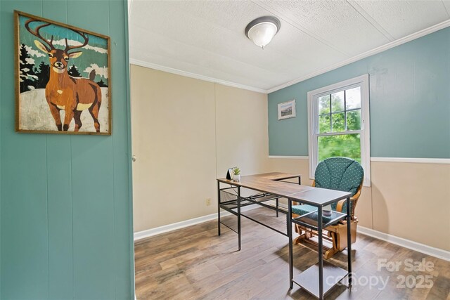 100 Bettys Dr, Waynesville, NC 28786 - office area featuring ornamental molding, wood finished floors, a textured ceiling, and baseboards