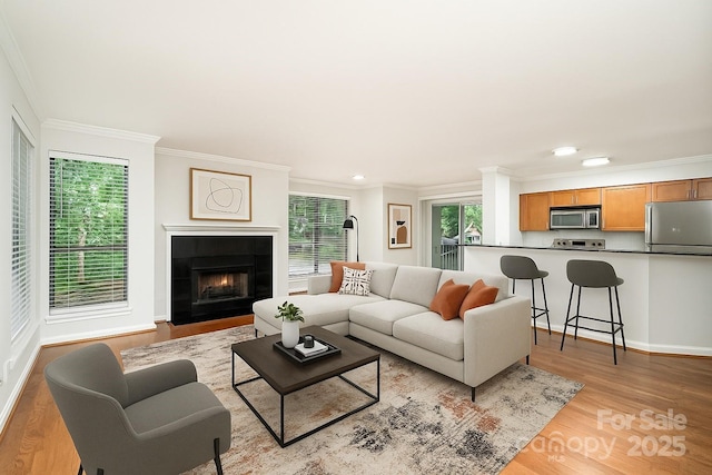 2512 Cranbrook Ln Unit 9, Charlotte, NC 28207 - living area with crown molding, light wood-type flooring, a fireplace, recessed lighting, and baseboards