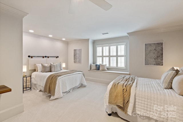 5917 Bridger Ct, Charlotte, NC 28211 - carpeted bedroom with ornamental molding, baseboards, recessed lighting, and ceiling fan