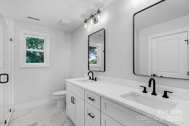 7874 Lucky Creek Ln, Denver, NC 28037 - full bath featuring marble finish flooring, double vanity, a stall shower, baseboards, and toilet