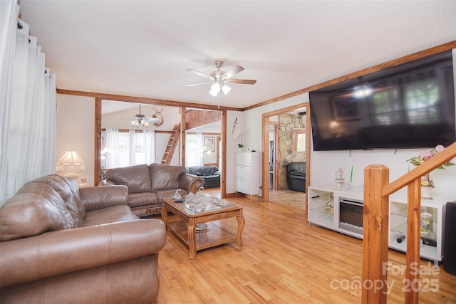 109 Larch Rd, Salisbury, NC 28147 - living area featuring a ceiling fan, light wood-type flooring, and ornamental molding