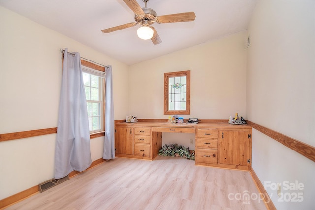 109 Larch Rd, Salisbury, NC 28147 - office space with light wood-style flooring, a ceiling fan, lofted ceiling, and built in desk