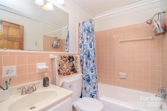 109 Larch Rd, Salisbury, NC 28147 - bathroom featuring shower / tub combo with curtain, vanity, and tile walls