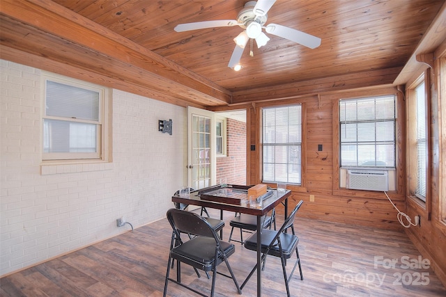 109 Larch Rd, Salisbury, NC 28147 - dining room featuring brick wall, cooling unit, wood finished floors, wood ceiling, and ceiling fan