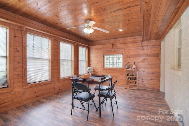 109 Larch Rd, Salisbury, NC 28147 - dining space with wooden ceiling, a ceiling fan, wood finished floors, and wood walls