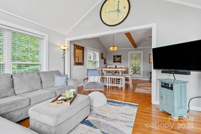1672 Memorial Hwy, Lake Lure, NC 28746 - living area with vaulted ceiling, light wood-style flooring, and baseboards