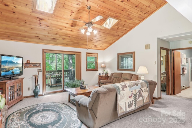 46 Thrush Dr, Maggie Valley, NC 28751 - carpeted living room featuring a skylight, lofted ceiling, wood ceiling, baseboards, and a ceiling fan