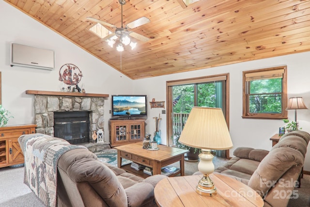 46 Thrush Dr, Maggie Valley, NC 28751 - living room featuring carpet, lofted ceiling, wooden ceiling, a ceiling fan, and a stone fireplace