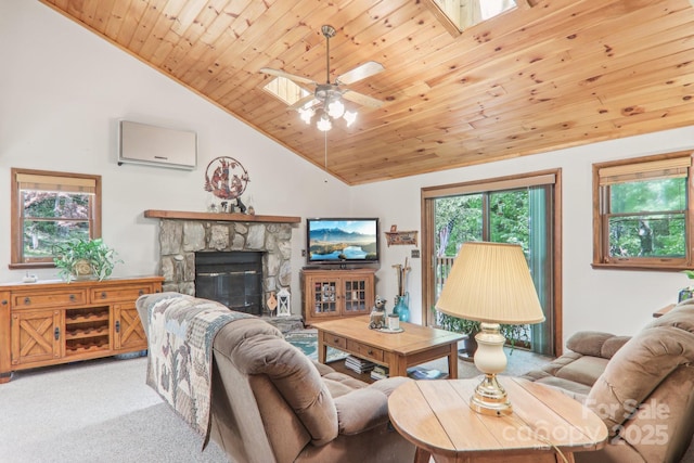 46 Thrush Dr, Maggie Valley, NC 28751 - living room featuring wooden ceiling, light colored carpet, lofted ceiling, a stone fireplace, and ceiling fan