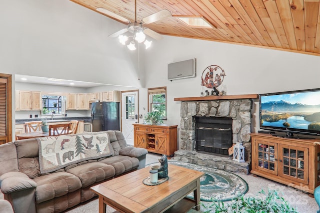 46 Thrush Dr, Maggie Valley, NC 28751 - living area with wooden ceiling, light carpet, plenty of natural light, a ceiling fan, and high vaulted ceiling