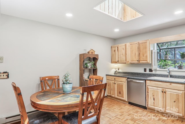 46 Thrush Dr, Maggie Valley, NC 28751 - kitchen featuring stainless steel dishwasher, light brown cabinetry, a sink, dark countertops, and recessed lighting