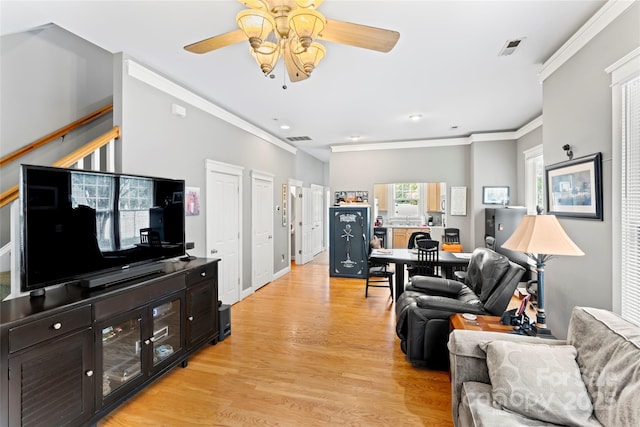 3007 Colonel Springs Way, Fort Mill, SC 29708 - living area featuring ceiling fan, crown molding, light wood-style floors, stairway, and recessed lighting