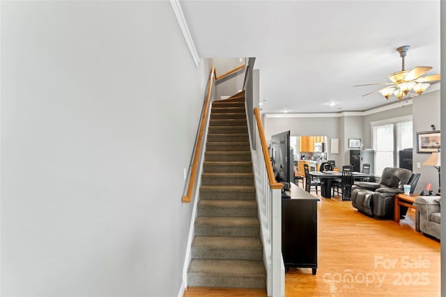 3007 Colonel Springs Way, Fort Mill, SC 29708 - stairway with ornamental molding, ceiling fan, and wood finished floors