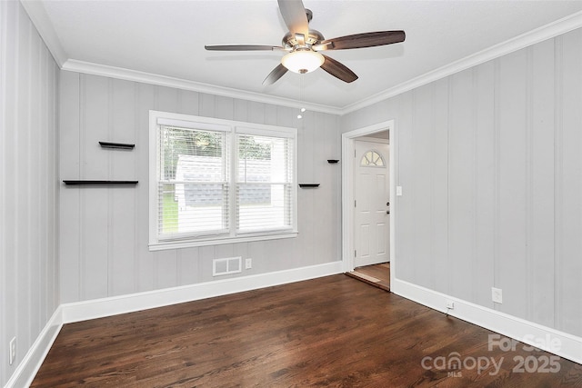 2421 Shamrock Dr, Charlotte, NC 28205 - unfurnished room with ornamental molding, dark wood-style floors, ceiling fan, and baseboards