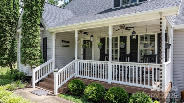 1321 Birch Dr, Morganton, NC 28655 - property entrance featuring ceiling fan, roof with shingles, and covered porch