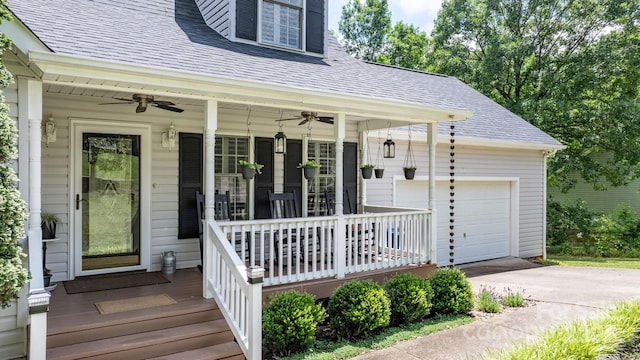 1321 Birch Dr, Morganton, NC 28655 - view of exterior entry featuring a porch, a ceiling fan, a shingled roof, and concrete driveway