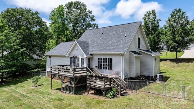 1321 Birch Dr, Morganton, NC 28655 - rear view of property featuring a wooden deck, a shingled roof, a gate, and central AC unit