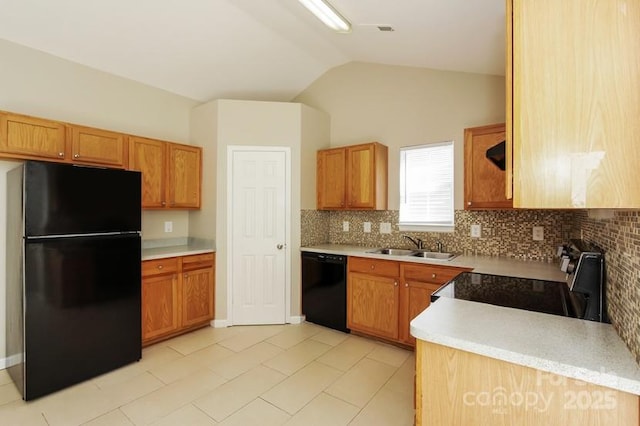 2599 April Showers Ln, Rock Hill, SC 29730 - kitchen with black appliances, a sink, lofted ceiling, decorative backsplash, and light countertops
