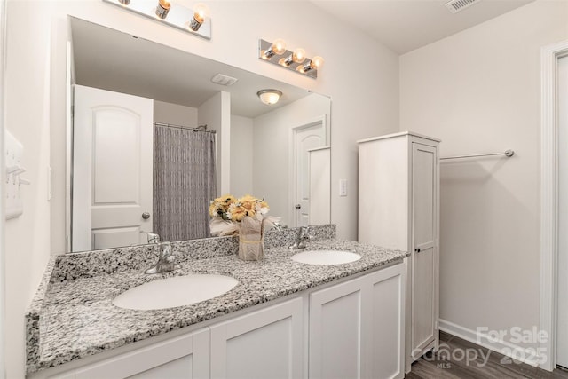 1405 Amberlight Cir, Salisbury, NC 28144 - full bathroom featuring double vanity, baseboards, and wood finished floors