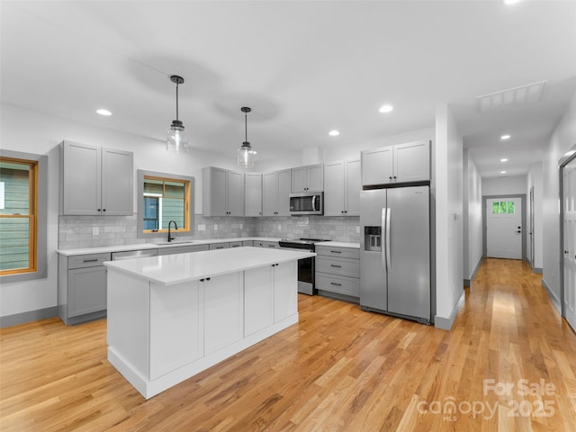 314 Gallimore Rd Unit 1, Brevard, NC 28712 - kitchen with appliances with stainless steel finishes, a sink, gray cabinetry, light countertops, and backsplash