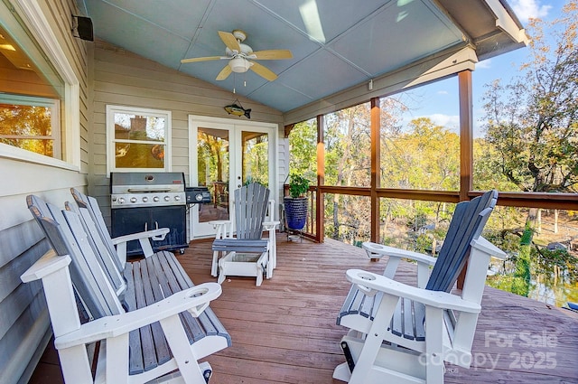 29049 Snapper Pt, Tega Cay, SC 29708 - wooden terrace featuring ceiling fan, area for grilling, and french doors