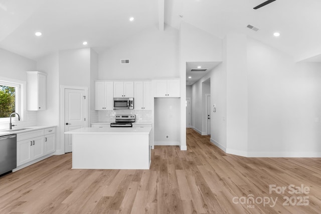 2104 County Line Rd, Kings Mountain, NC 28086 - kitchen with appliances with stainless steel finishes, a sink, white cabinetry, backsplash, and high vaulted ceiling
