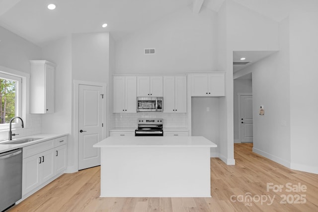 2104 County Line Rd, Kings Mountain, NC 28086 - kitchen with stainless steel appliances, a sink, white cabinetry, decorative backsplash, and light countertops