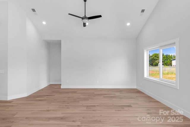 2104 County Line Rd, Kings Mountain, NC 28086 - unfurnished room with ceiling fan, high vaulted ceiling, recessed lighting, light wood-style floors, and baseboards