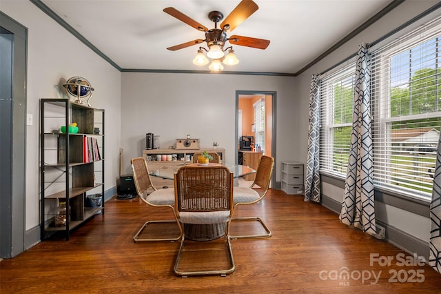 123 N Poston St, Shelby, NC 28150 - dining area featuring ceiling fan, wood finished floors, ornamental molding, and baseboards