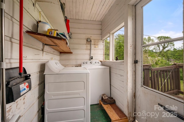 123 N Poston St, Shelby, NC 28150 - laundry area with washer and clothes dryer, wooden walls, and wooden ceiling