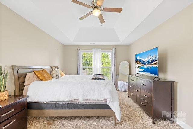 4809 Mossy Cup Ln, Monroe, NC 28110 - bedroom with light carpet, a raised ceiling, and ceiling fan