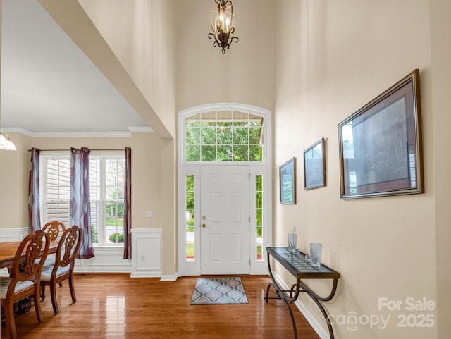 24 Yorktown Cir, Arden, NC 28704 - entryway with wood finished floors, a towering ceiling, a wainscoted wall, and crown molding