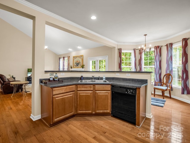 24 Yorktown Cir, Arden, NC 28704 - kitchen featuring dishwasher, a sink, a chandelier, light wood finished floors, and ornamental molding