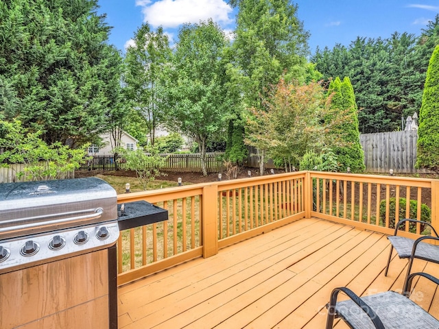24 Yorktown Cir, Arden, NC 28704 - wooden terrace with a grill and a fenced backyard