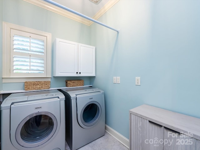 5816 Valley Stream Trl, Waxhaw, NC 28173 - laundry room with cabinet space, separate washer and dryer, ornamental molding, baseboards, and light tile patterned floors
