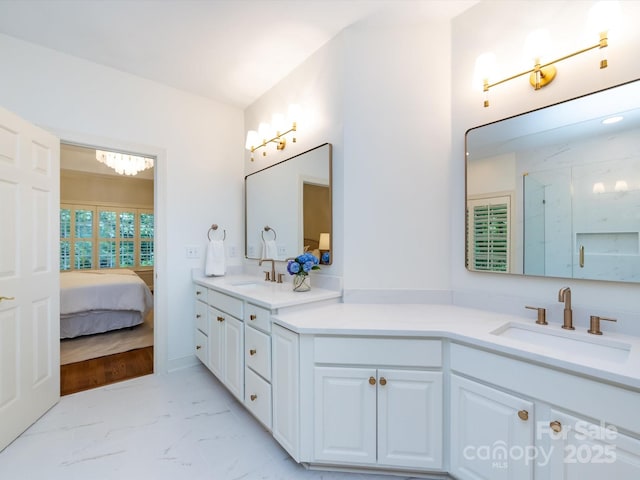 5816 Valley Stream Trl, Waxhaw, NC 28173 - ensuite bathroom with marble finish floors, double vanity, and a marble finish shower