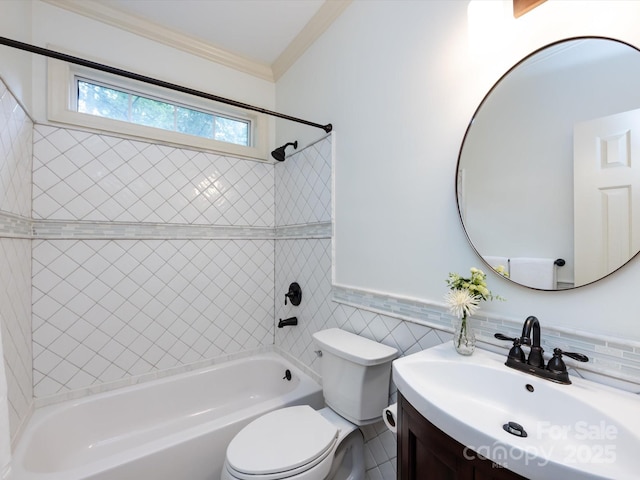 5816 Valley Stream Trl, Waxhaw, NC 28173 - bathroom featuring toilet, bathing tub / shower combination, vanity, crown molding, and tile walls