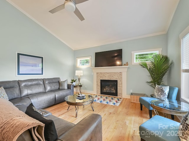 26 Addison Fisher Way, Asheville, NC 28805 - living room featuring hardwood / wood-style floors, a tile fireplace, ceiling fan, ornamental molding, and lofted ceiling