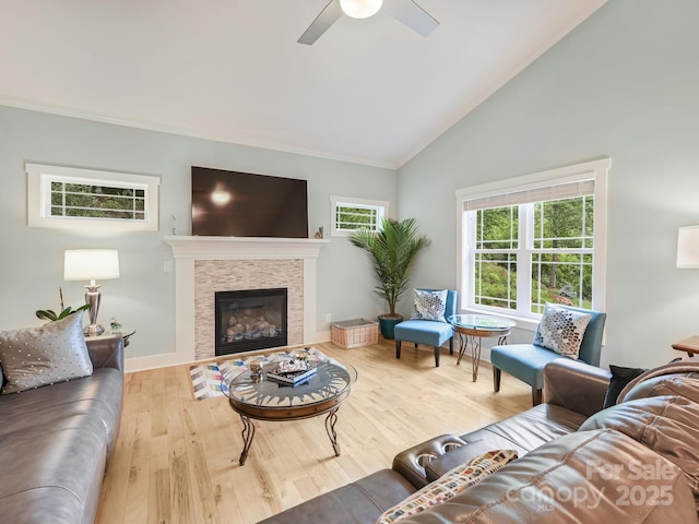 26 Addison Fisher Way, Asheville, NC 28805 - living room featuring wood finished floors, a ceiling fan, a glass covered fireplace, crown molding, and high vaulted ceiling