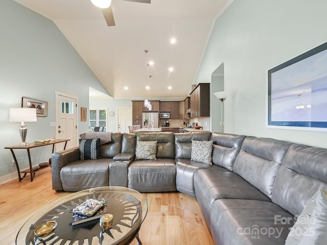 26 Addison Fisher Way, Asheville, NC 28805 - living room featuring high vaulted ceiling, light wood finished floors, and a ceiling fan