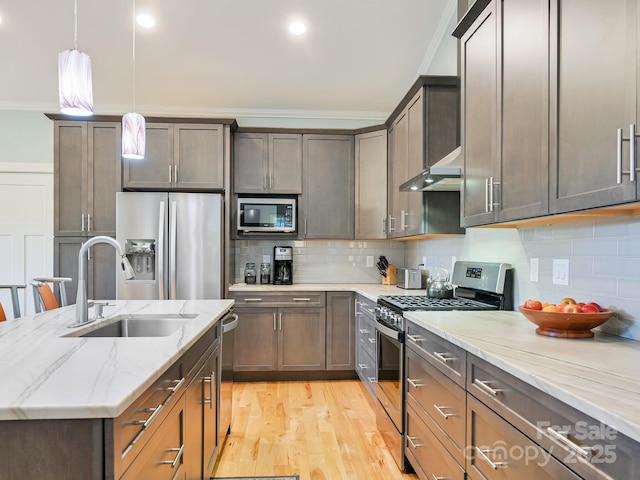 26 Addison Fisher Way, Asheville, NC 28805 - kitchen with stainless steel appliances, a sink, crown molding, under cabinet range hood, and light wood-type flooring