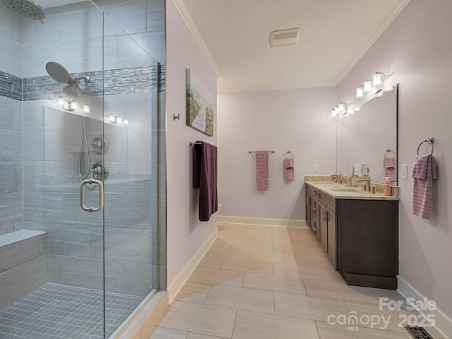 26 Addison Fisher Way, Asheville, NC 28805 - bathroom featuring crown molding, vanity, baseboards, and a shower stall