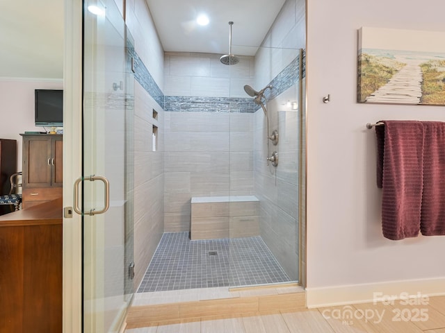 26 Addison Fisher Way, Asheville, NC 28805 - full bath featuring a stall shower, baseboards, and ornamental molding