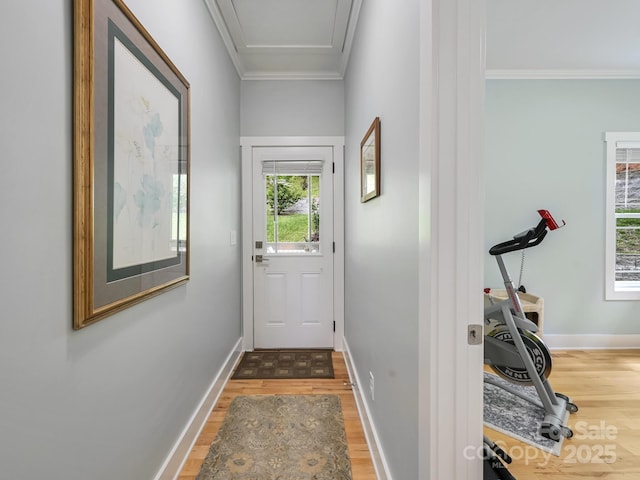 26 Addison Fisher Way, Asheville, NC 28805 - doorway with ornamental molding, wood finished floors, and baseboards