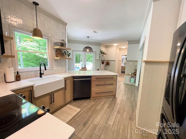 3314 Mara Ct, Matthews, NC 28105 - kitchen featuring dishwashing machine, a sink, crown molding, open shelves, and a peninsula