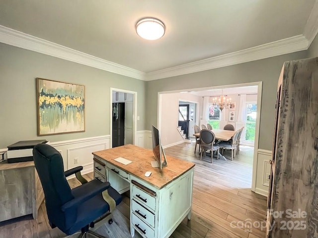 3314 Mara Ct, Matthews, NC 28105 - home office with a chandelier, ornamental molding, a wainscoted wall, and wood finished floors