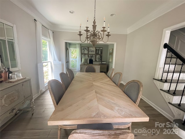 3314 Mara Ct, Matthews, NC 28105 - dining space with dark wood-style floors, a chandelier, stairway, baseboards, and crown molding