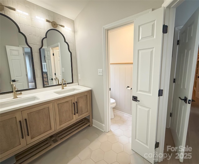 3314 Mara Ct, Matthews, NC 28105 - bathroom featuring toilet, double vanity, and tile patterned floors