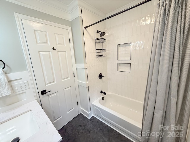 3314 Mara Ct, Matthews, NC 28105 - bathroom with shower / bath combo with shower curtain, crown molding, and vanity